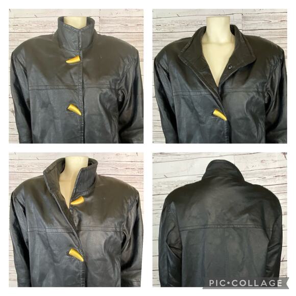 90s Worthington Butter Soft Black Leather Car Coat, Gold Claw button size Medium - Picture 3 of 13